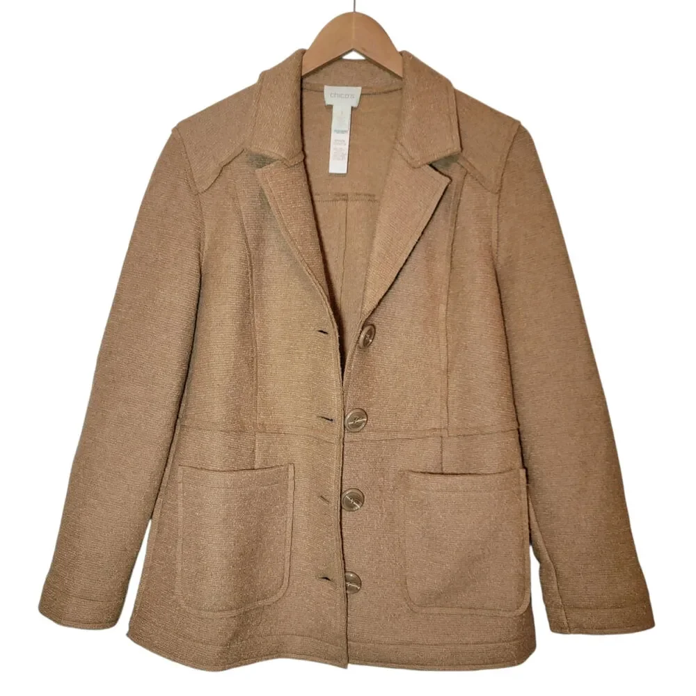 Chico's Wool Blend Tailored Blazer Jacket Button Front Camel Tan Size 1 Medium - Picture 5 of 14
